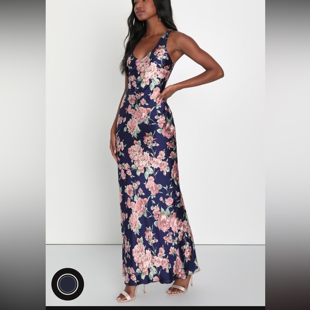LULUS- Stunning Blossom Navy Blue Floral Satin Backless Maxi Dress, large